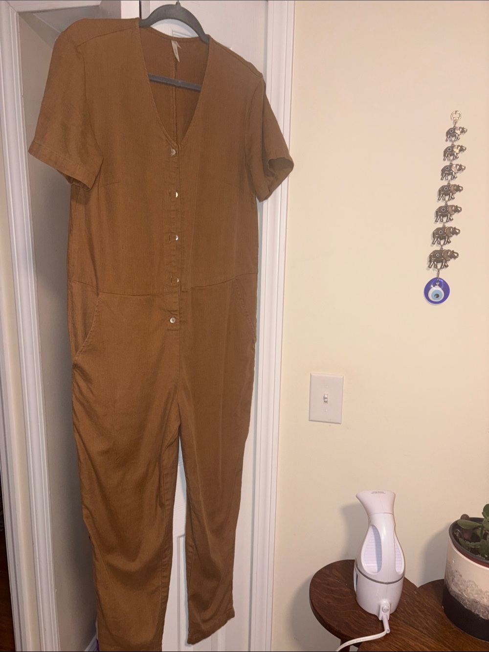 Rylee + Cru Short-Sleeve Button Jumpsuit in Cognac Brown